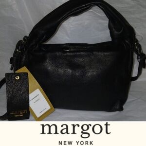 Margot New York Soft Leather Slouch Tote W/ Crossbody Strap, Black, Small